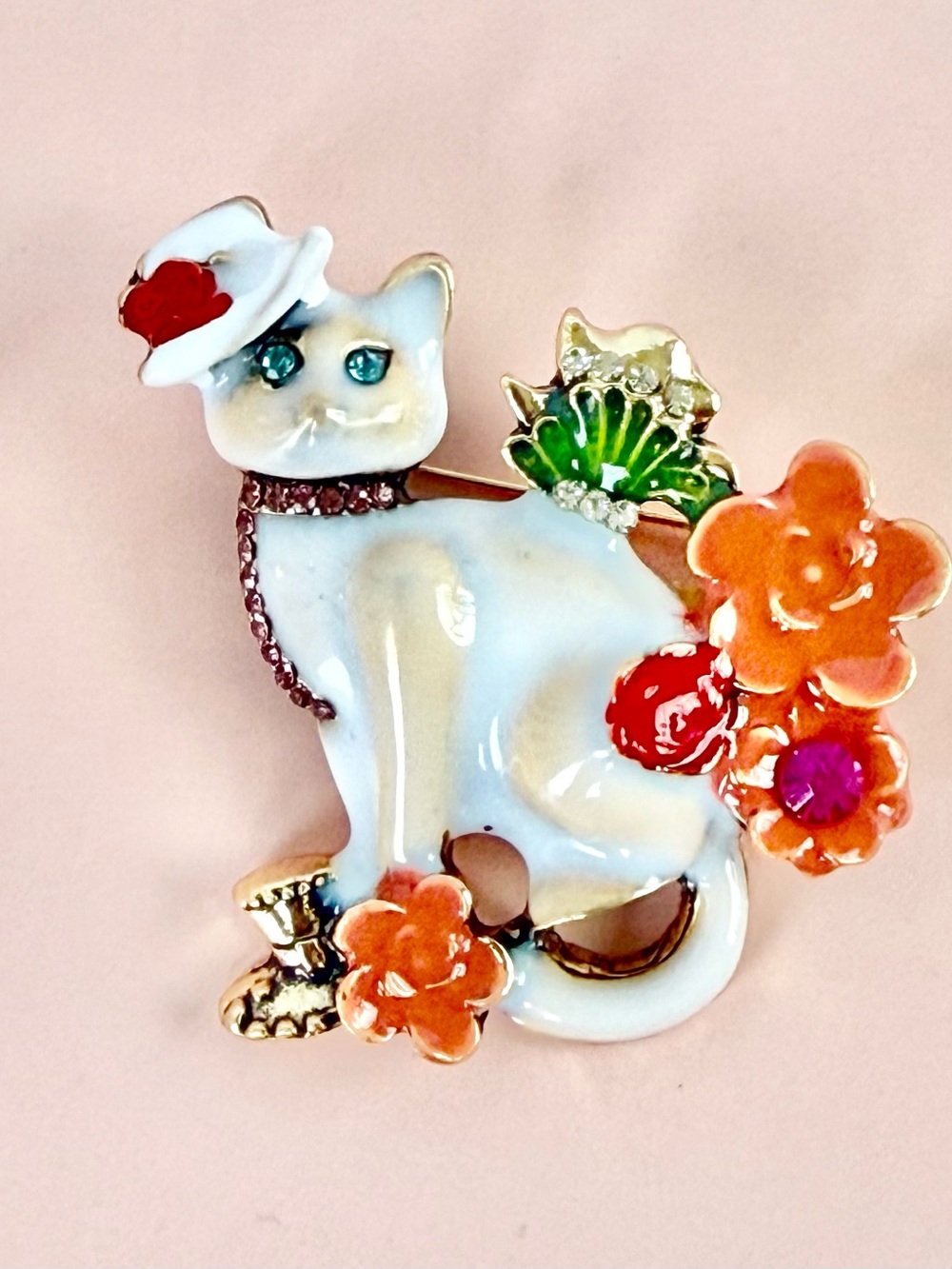 Enamel White Cat Brooch with Orange Flowers Jewelry Pin